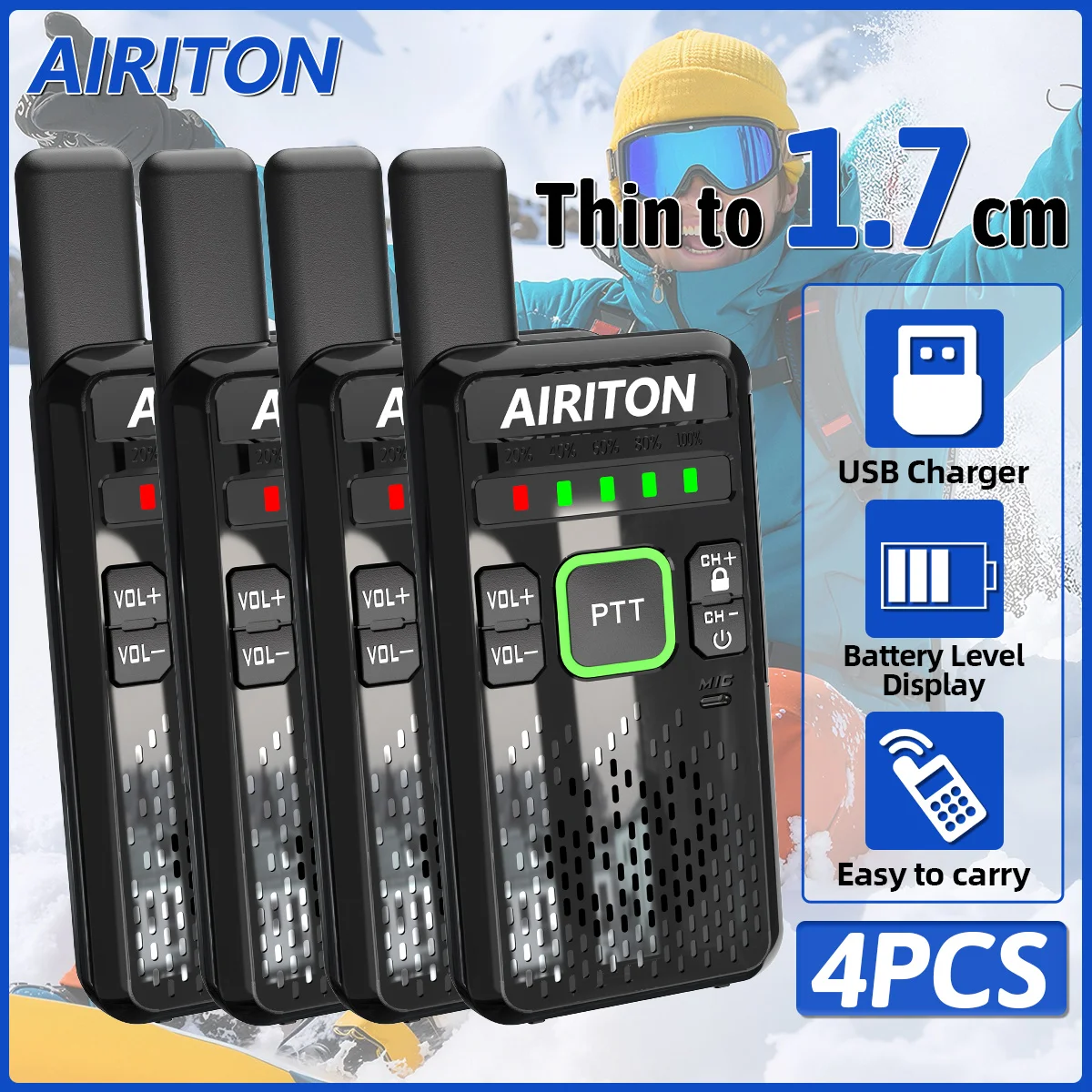 

2PCS AIRITON AI-M9 Mini Walkie Talkie Thin to 1.7CM Rechargable UHF Battery Level Display HD Sound Type-C Charger Ham Radio