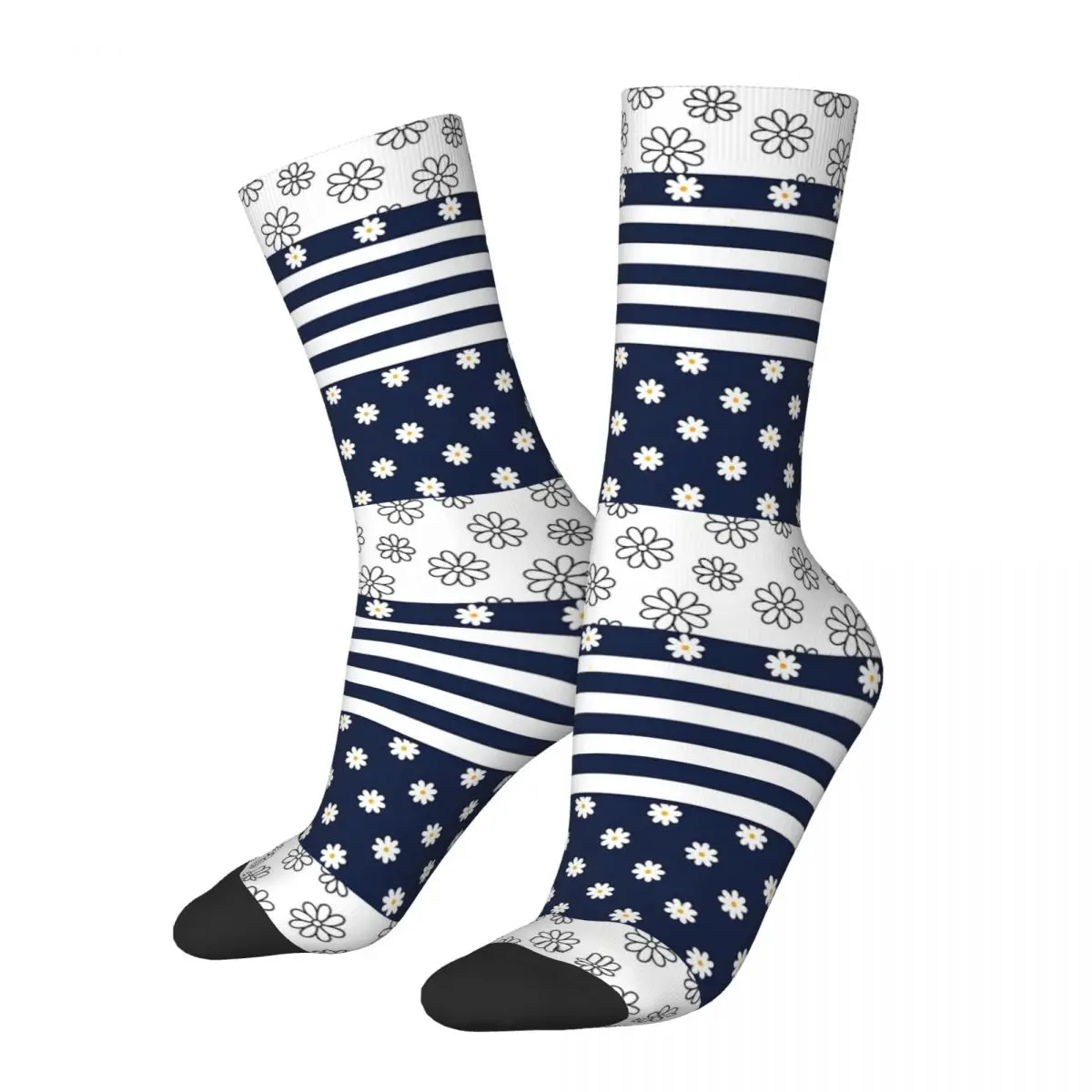 Navy Blue And White Simple Daisy Flower Pattern Kawaii Socks Gym Cartoon Pattern Socks