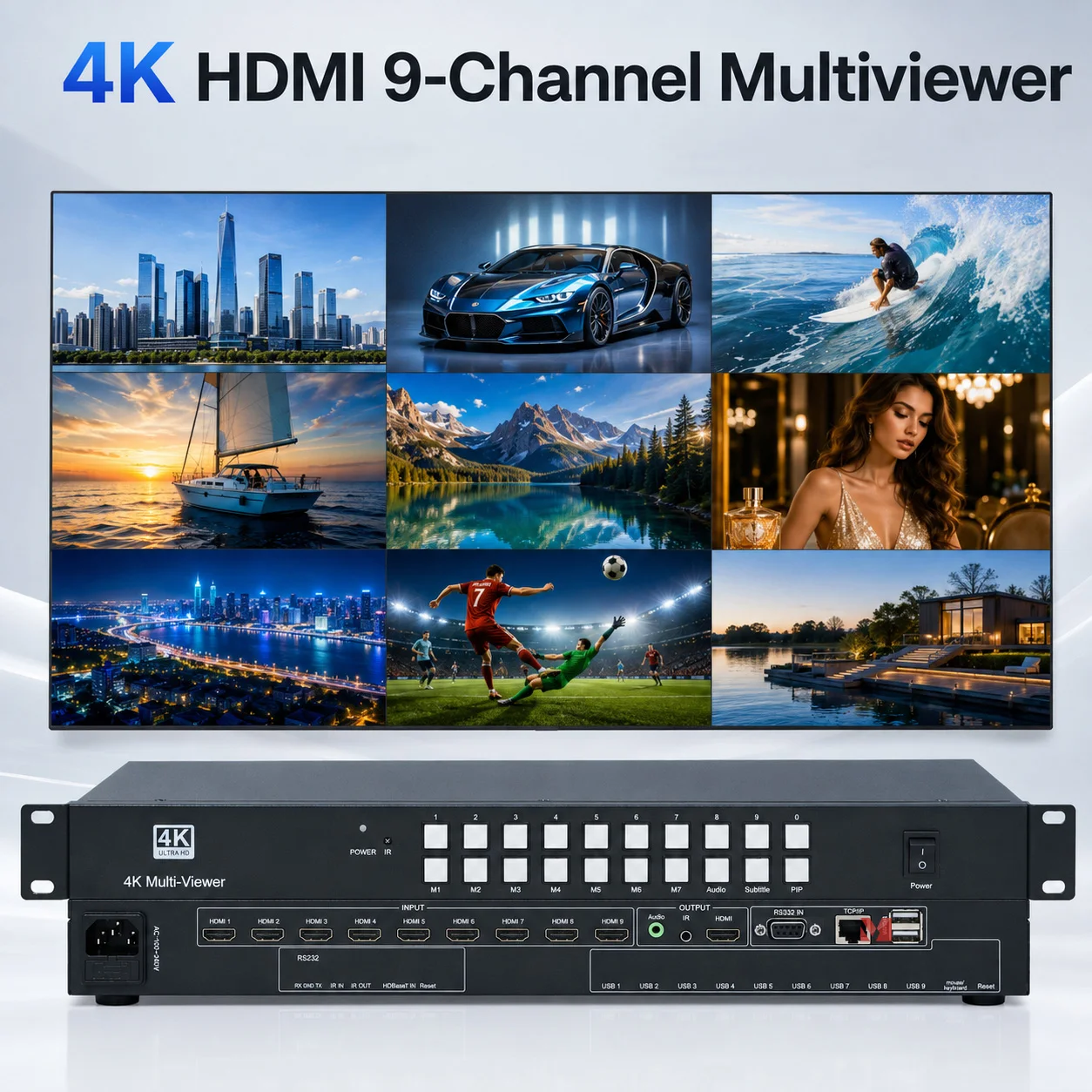 4K HDMI 9 Channel Multiviewer 8CH 1080P 1CH 4K30 HDMI Multi Viewer 9 View PIP Seamless Switch RS232 Web GUI 100m
