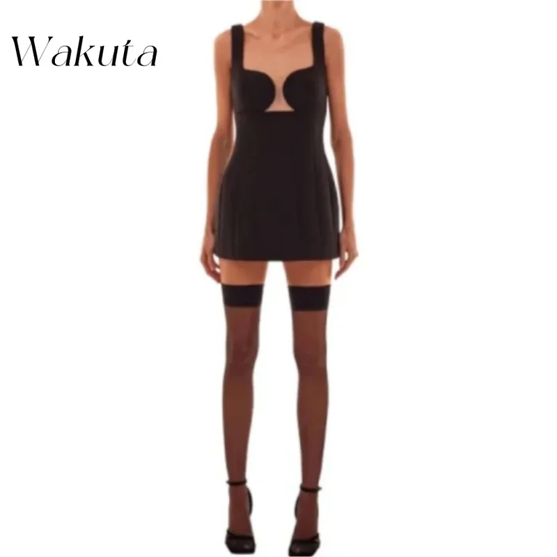 Wakuta-vestido de cóctel sin mangas con cuello cuadrado para mujer, minivestido Sexy de corte en A con cremallera en la espalda, color liso, estilo americano