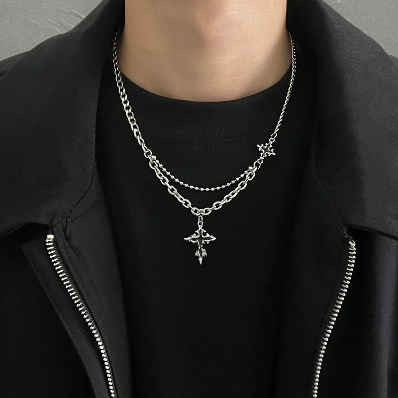 1Pc Hip Hop Vintage Gothic Cross Stainless Steel Chain Splicing Necklace Clavicle Chain Cool Punk Men Women Jewelry Accessories