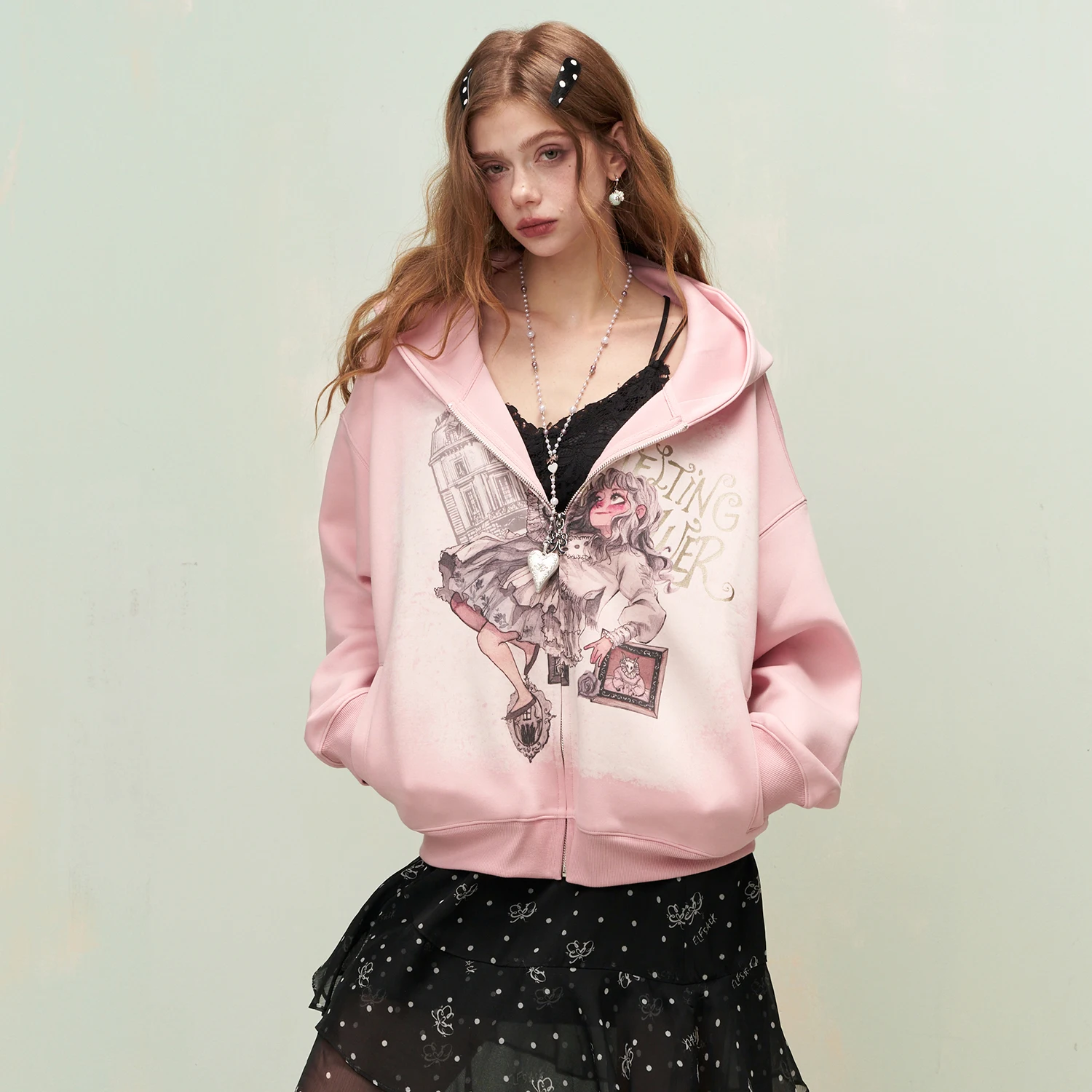 ELFSACK Womens Zip Up Hoodie Oversized Graphic Sweatshirt Y2K Aesthetic Vintage Pastel Goth Alt Jacket