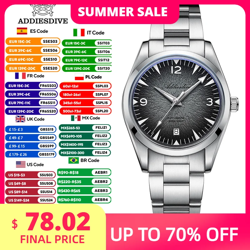 

ADDIESDIVE NEW Gradient Gray Automatic Mechanical Watches Waterproof 100m Super Luminous Bubble Mirror Glass Dress Watch AD2508