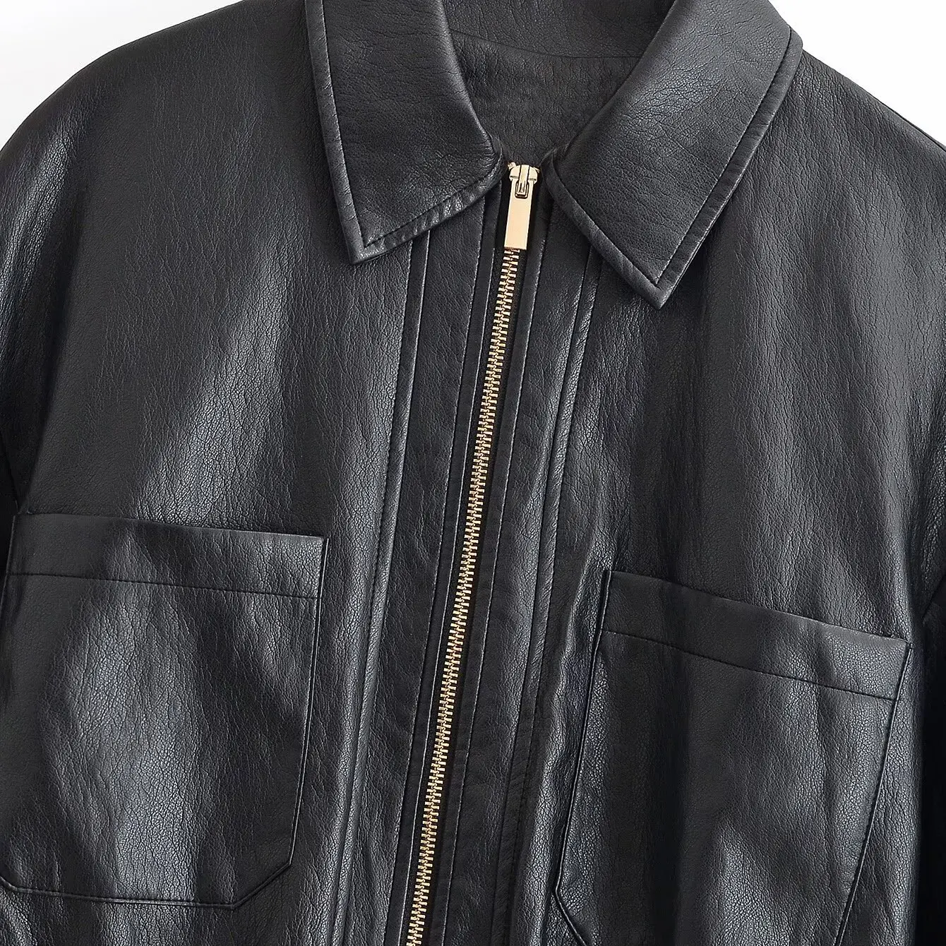 KASLEAD New Women's Fashion Versatile High-End Feel Two-Tone PU Leather Jacket Short Length Zipper Closure Polyester Fiber