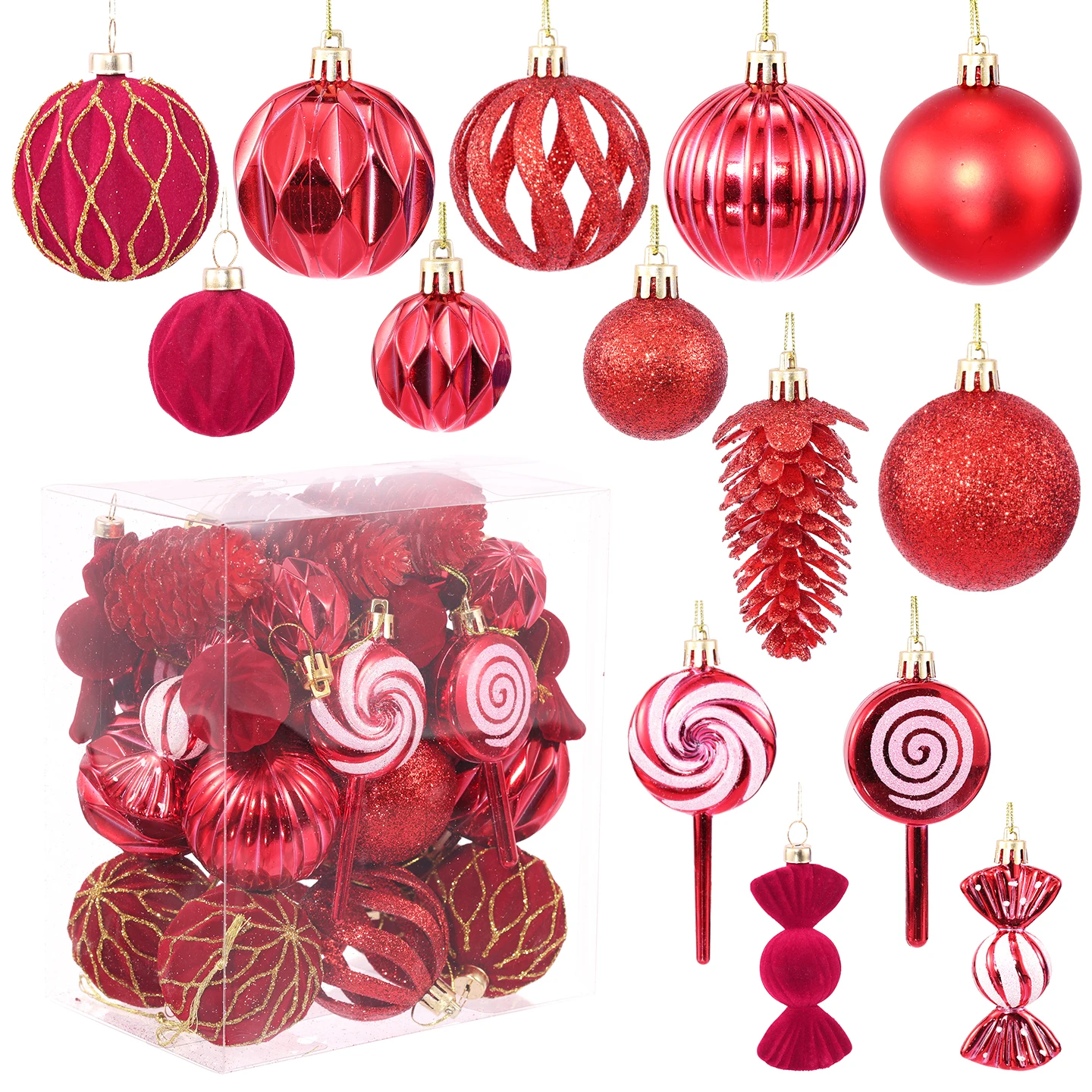 NEW 36pcs Christmas Ball Ornaments Set, Candy Cane Pine Cone Xmas Hanging Decorations, Christmas Tree Home Holiday Party Decor