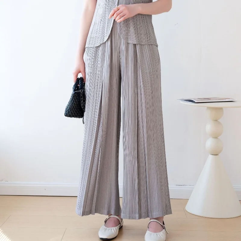 2026 New Miyake Pleated Pants Summer Fashion Minimalist Stretch Women's Plus Size Wide Leg Pants Casual Commuter Korean Clothing