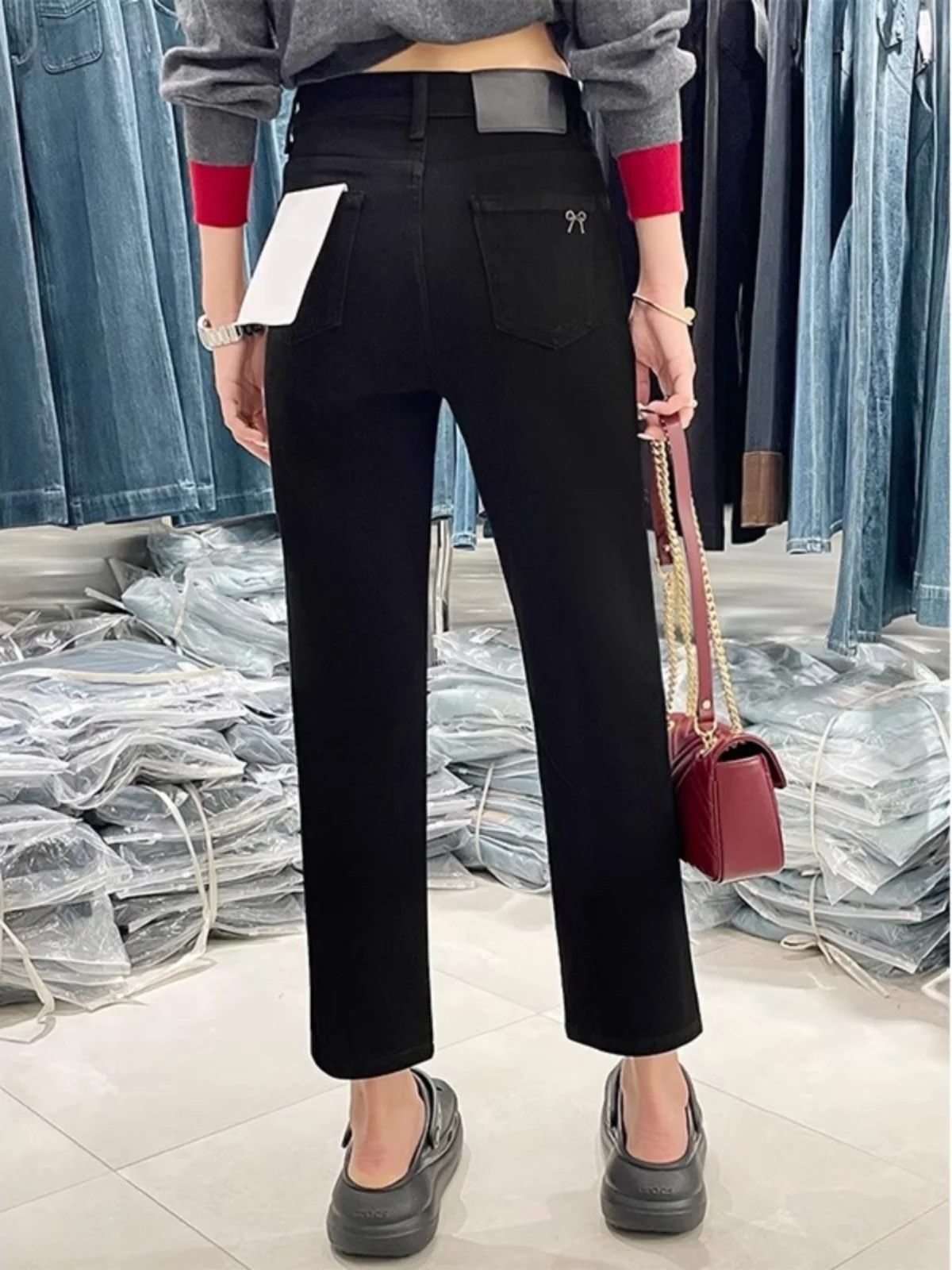 

High Waist Fce Lined Bla Straight Leg Jeans Women plus Size Nine Tube Pants Slimming Winter Faion Casual Trousers