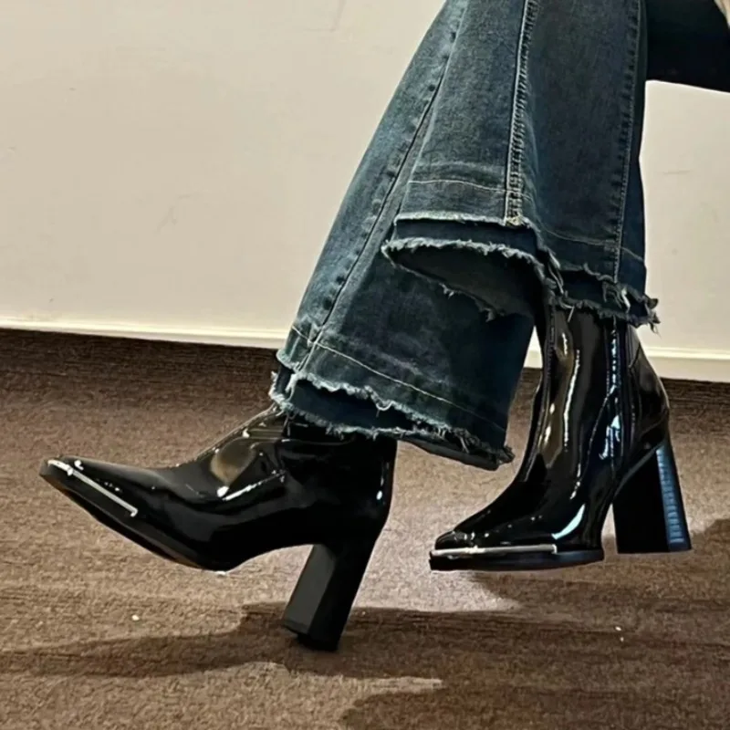 

High Heels Women Square Toe Ankle Boots Designer Elegant Shoes Fashion Leather Chelsea Short Boots Dress Party Pumps Zapatillas