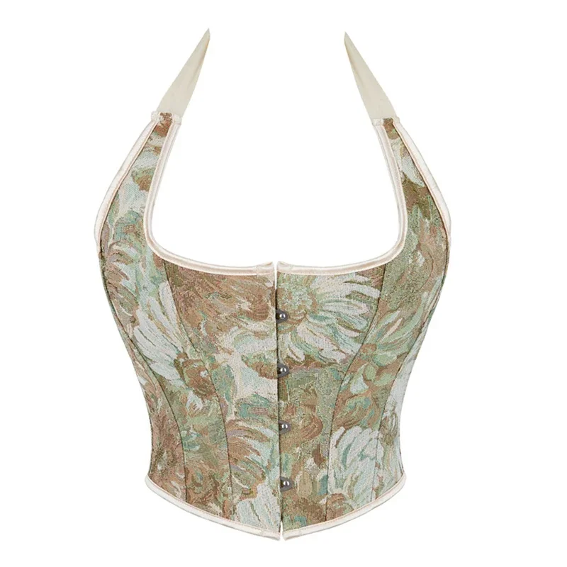 Green Vintage Floral Print Ribbon Halter Corset Crop Top Women's Body Shaper Lingerie Slimming Sexy Overbust Bustiers Corselet