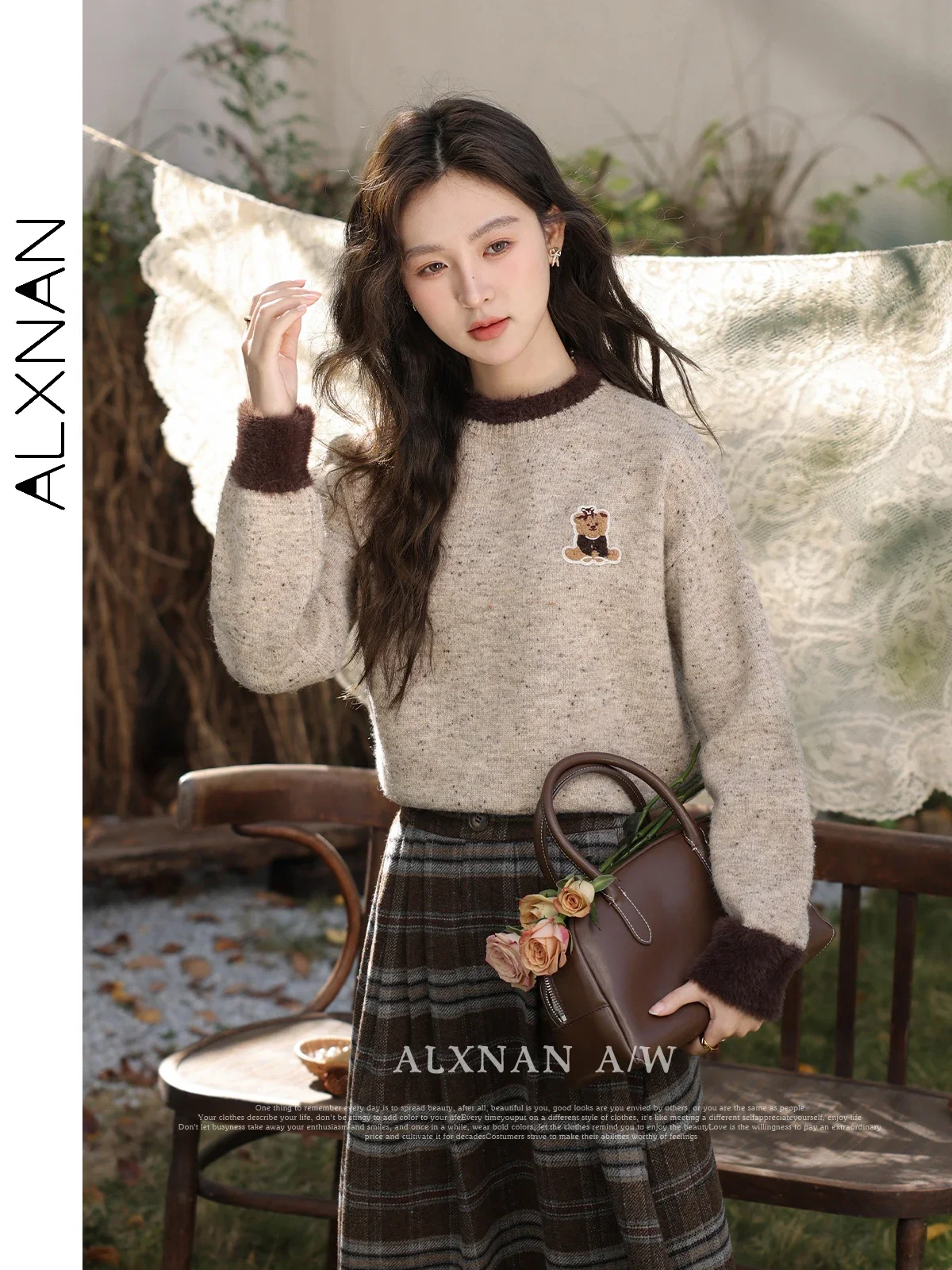 ALXNAN Knitted Women\'s Sweater 2024 Autumn Winter New Round Collar Long Sleeve Female Tops Soft Comfort Pullovers Jumper L33201