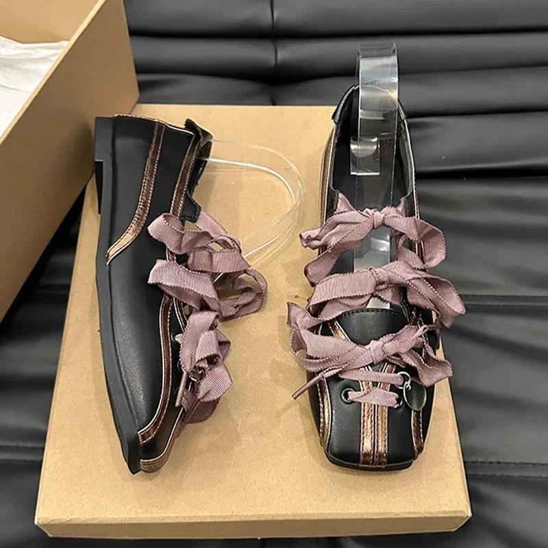 Bow Ballet Dance Designer Flats Casual Shoes Women Sandals Square Toe 2024 Trend Mary Janes Shoes Dress Shallow Zapatos Mujer