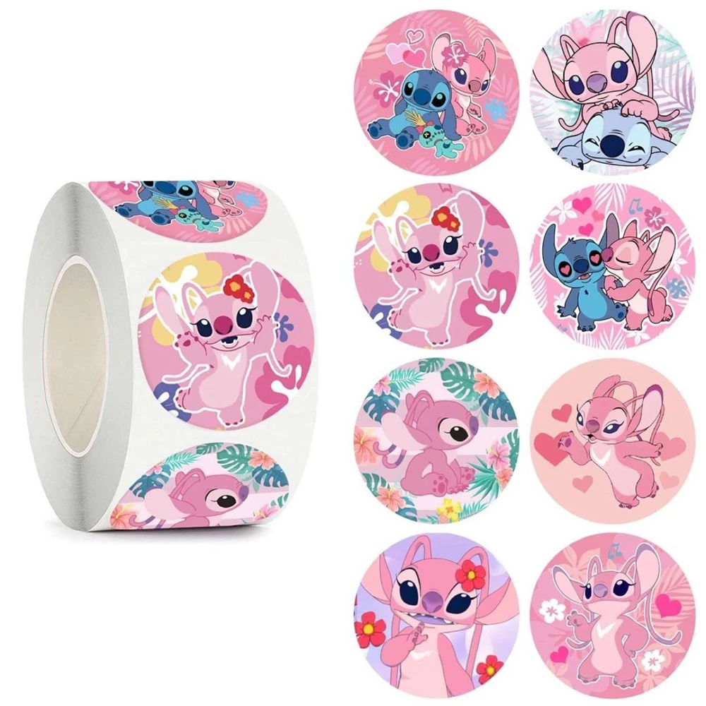 

500pcs/roll Disney Stitch Angel Cartoon Stickers Kids Reward Decals Gift Water Bottle Phone Diary Anime Sealing Labels Sticker