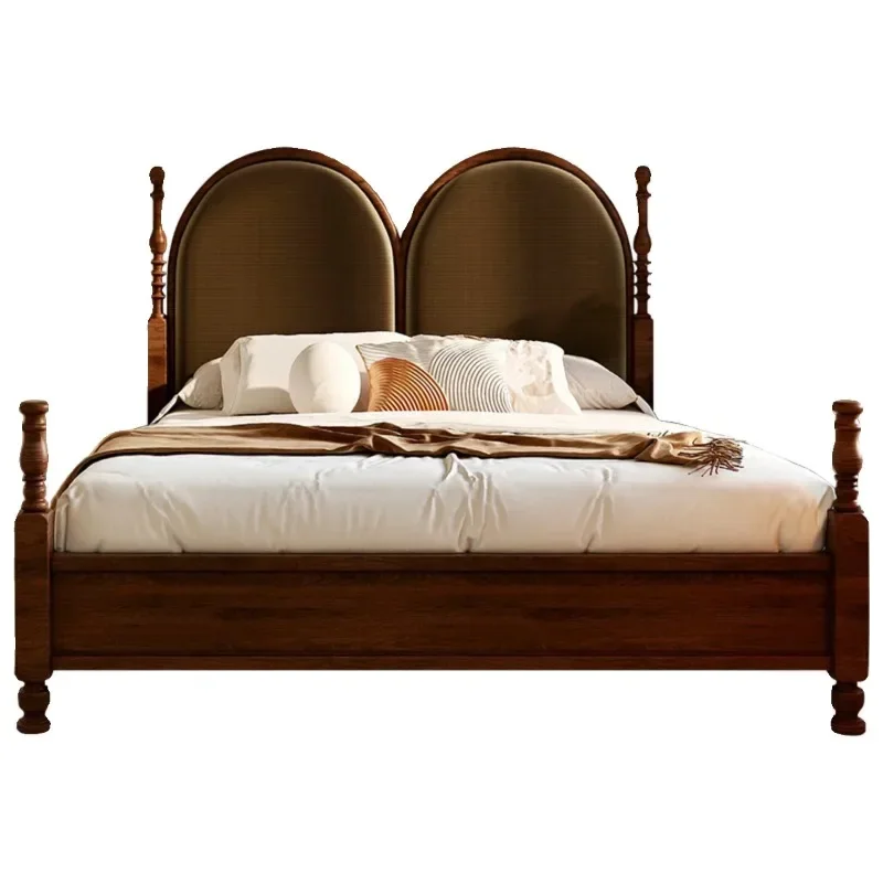 

French retro old Paris double solid wood bed master bedroom black high backrest soft bag bed American Roman column velvet bed