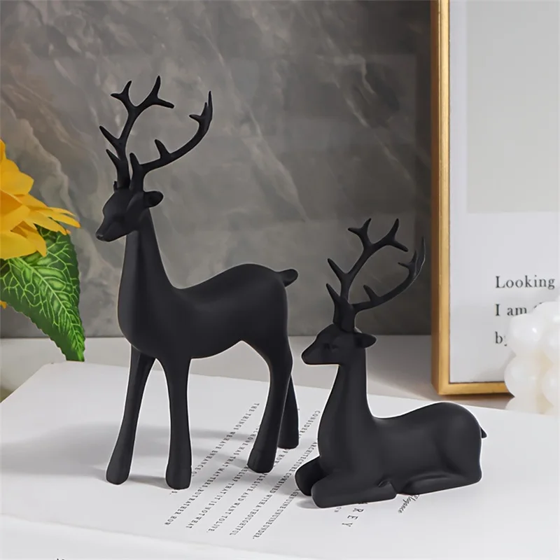 Modern Black Reindeer Statue Matte Black Deer Statue Elk Sculpture Living Room  Bedroom  Office Home Resin Craft Decoration