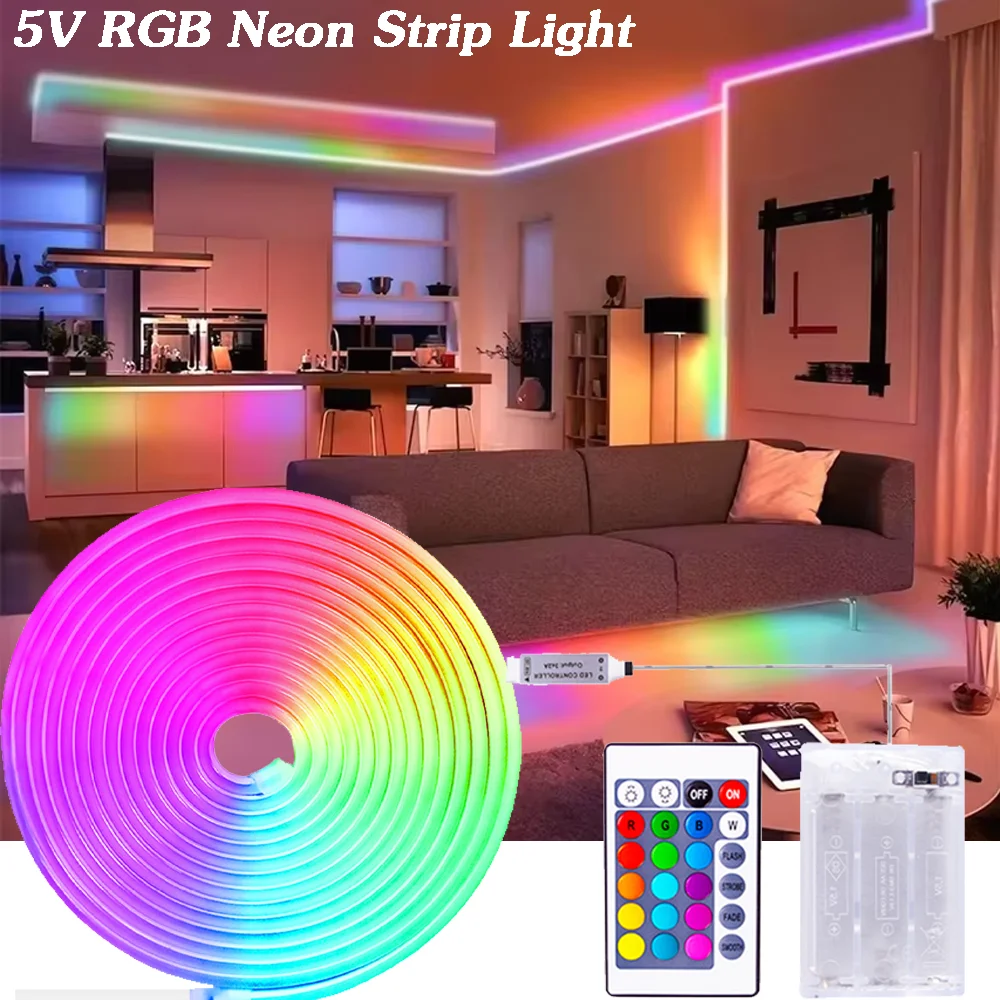

5V RGB Неоновая светодиодная лента 1M 2M 3M Аккумуляторный блок питания Водонепроницаемая гибкая лента Неоновые огни с дистанционным управлением fr Домашний декор