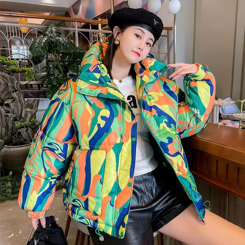 Warm Winter Cotton Jacket Women 2024 Graffiti Print Fashion Hooded Short Parka Coat Girls Thick Streetwear Hip-hop Padded Jacket