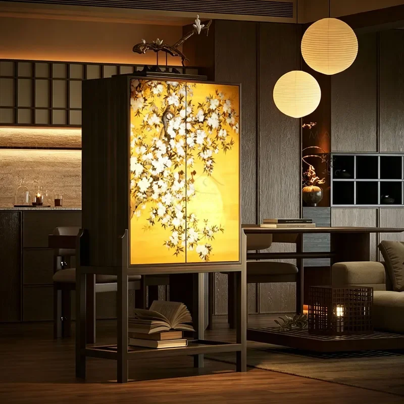 Song Style Aesthetic Yellow Floral Bird Pattern Solid Wood High Cabinet Dining Sideboard Living Room Storage Antique