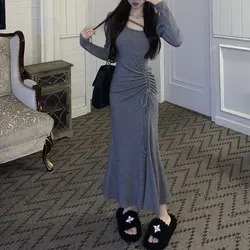 Elegant Slim Mermaid Midi Dress Female Clothing Waist Stylish Shirring Drawstring Autumn Winter Solid Color Long Sleeve Dresses
