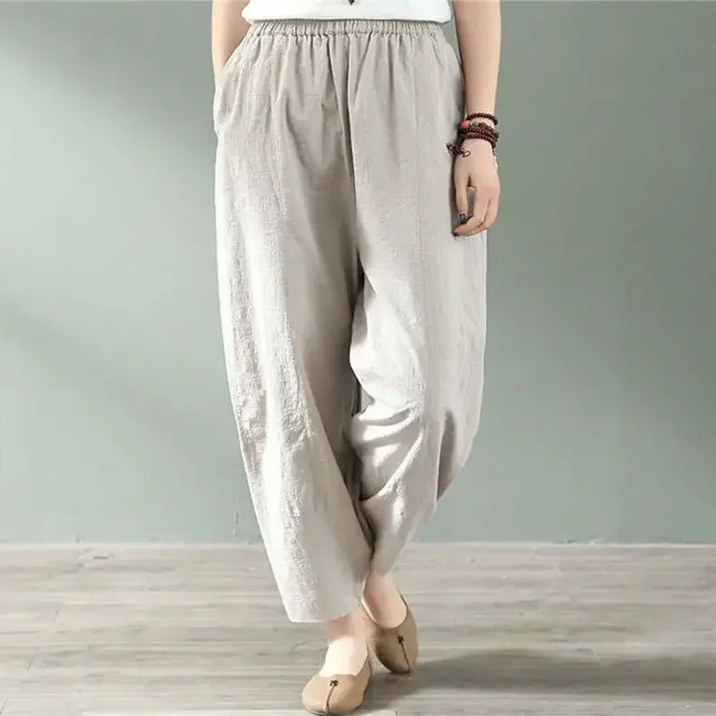 Women's Cotton Linen Pants 2024 New Summer Loose Fit Slimming Harajuku Style Korean Version Casual 9 Points Harem Pants