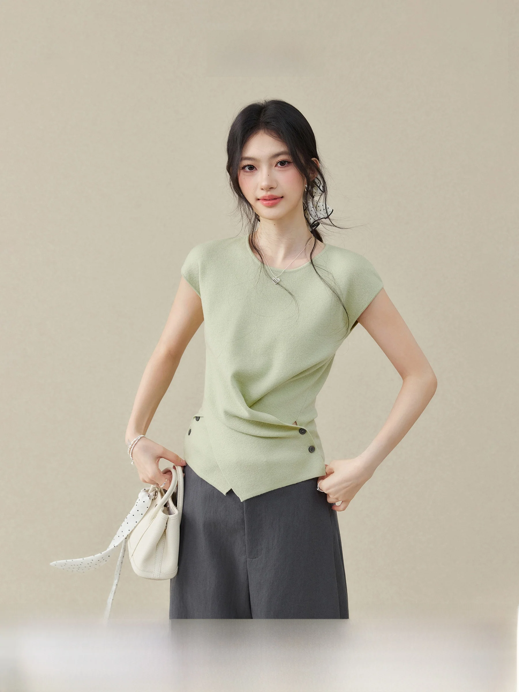 

Женский летний укороченный топ Qiu Yang Xi Weiliang Plus Size "Free Spirit" зеленого цвета, трикотажный, с коротким рукавом, повседневный, свободного кроя