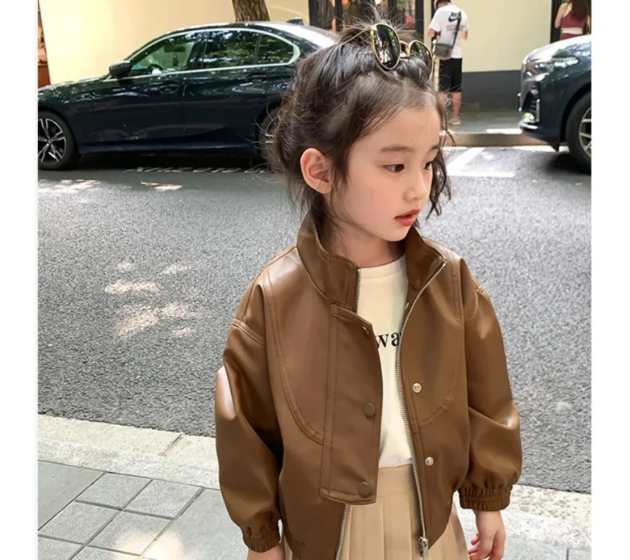 Coats Girls Coffee Leather Autumn Season New Childrens Clothing Jacket Cardigan Button Outerwear Soild Pleated Cool