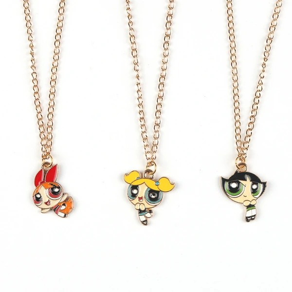 Powerpuff Girls Necklace Kawaii Anime Figure Jewelry Accessories Toys Cute Cartoon Alloy Pendant Children's Gifts