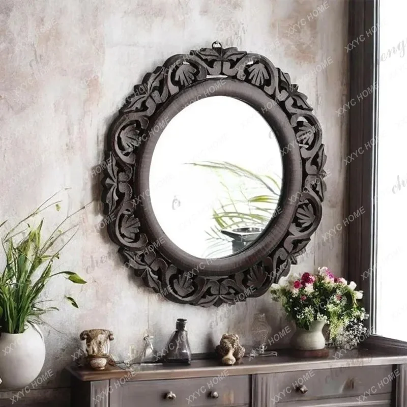 XXBeautiful retro carved round mirror wall hanging full body, home dressing, carved makeup, bathroom mirror