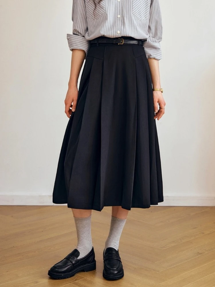 OLrain jupe Midi plissée femmes solide taille haute a-ligne jupe à glissière cachée 2025 automne élégant femme bas O57QB000209