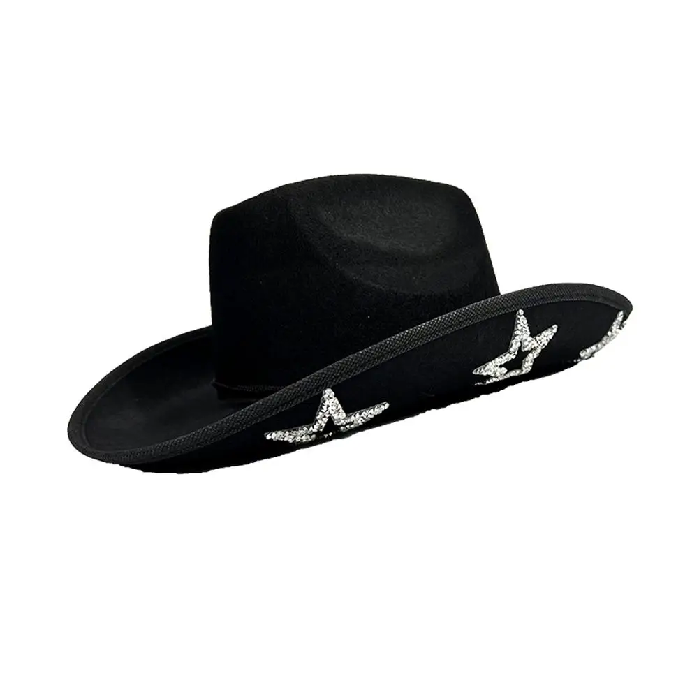 Retro Resin Diamonds Five-Pointed Star Western Big Denim Hat Cap High-quality Outdoor Jazz Hat Felt Sun Cowboy Unisex Brim W4K6