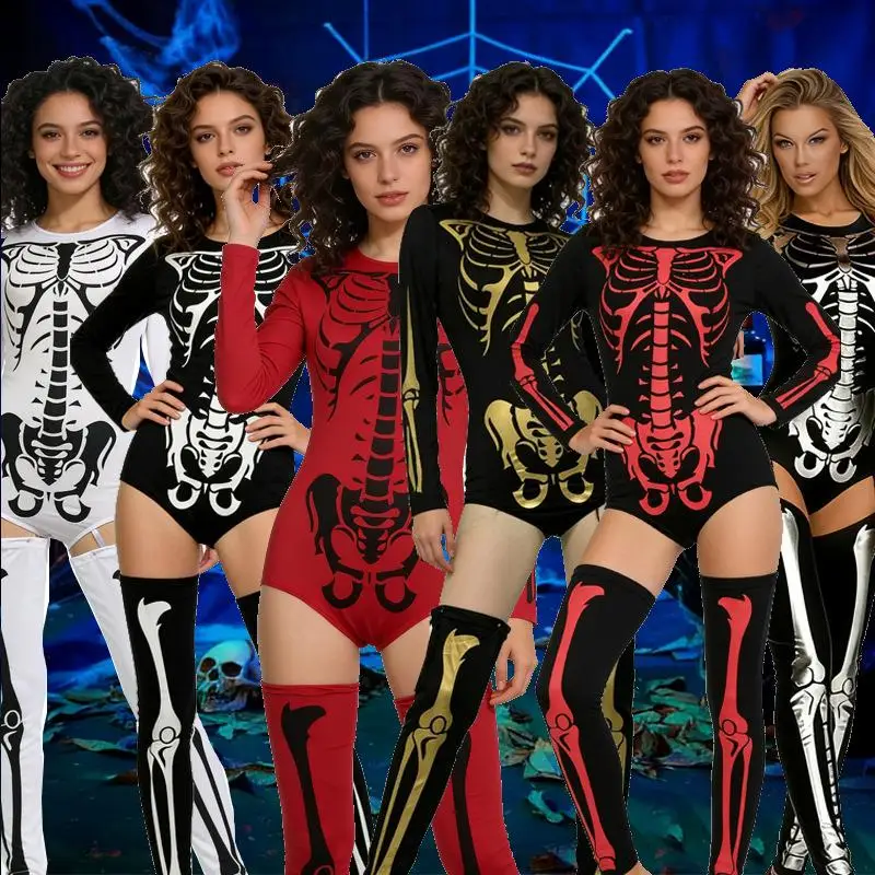 Hand Printed Six-Colored Human Skeleton Tight-Fitting Onesie for Women Halloween Costume Women's Fashionable Stage Wear