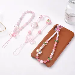 Fashion Acrylic Mobile Phone Chain Sweet Cute Heart Shape Butterfly Beaded Telephone Lanyard Hanging Cord Women Girls Jewelry