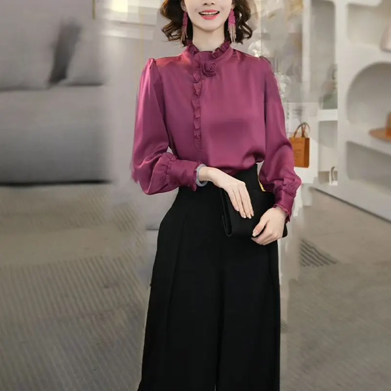 French Style Edible Tree Fungus Shirt Female Clothing Stand Collar Spring Autumn New Stylish Three-dimensional Decoration Blouse