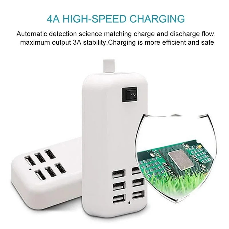 Portable 6 Ports USB Phone Charger Splitter 30W Desktop Wall Charging Extension Station Power Adapter For Smartphone USB Device