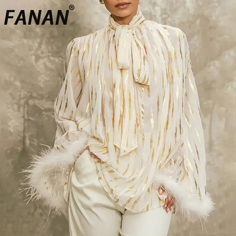 

FANANT Hit Color Spliced Feathers High Street Shirts For Women Stand Collar Long Sleeve Patchwork Lace Up Blouse Female 2025 New