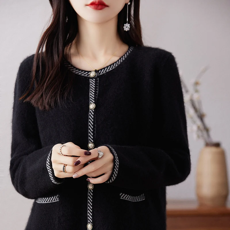 Autumn/Winter Thick Knitted Coat 100% Merino Wool Round Neck Tops Women\'s Fashion Korean Casual Contrast Cardigan Warm Jacket