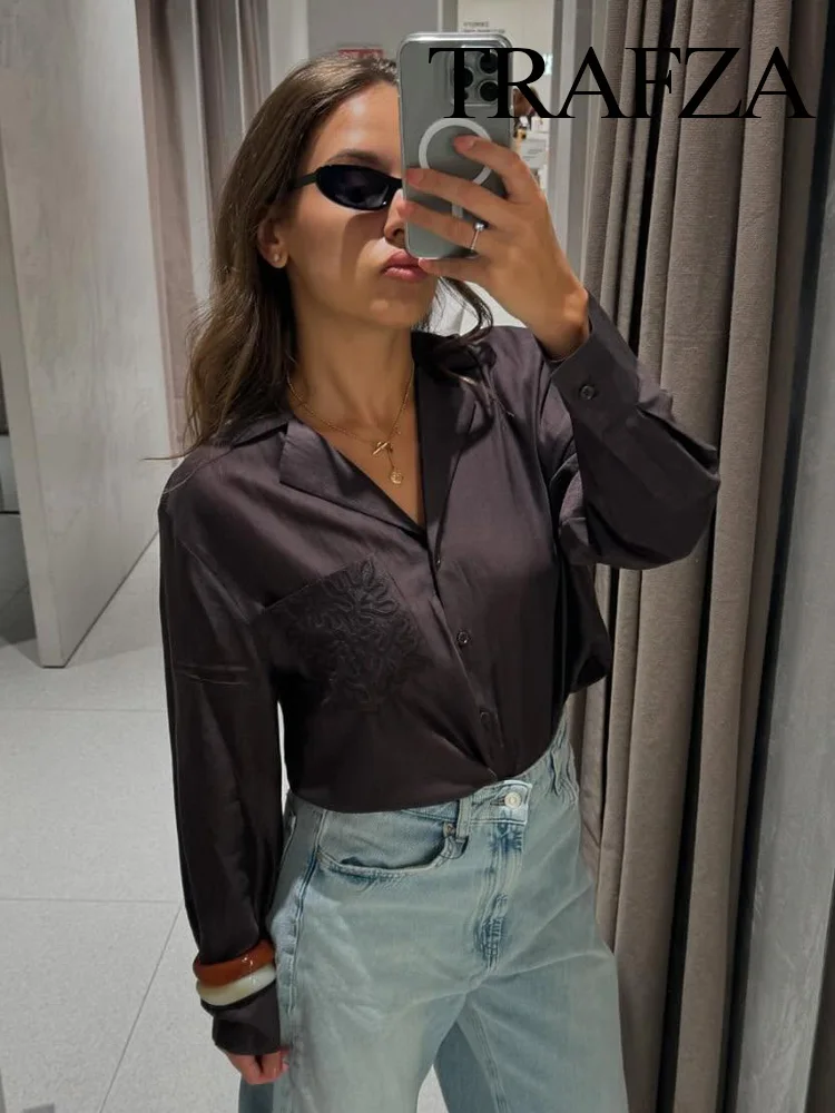 

TRAFZA Summer Women Lapel Long Sleeves Loose Shirts Woman Elegant Single-Breasted Embroidery Decorate Slim Translucent Blouses