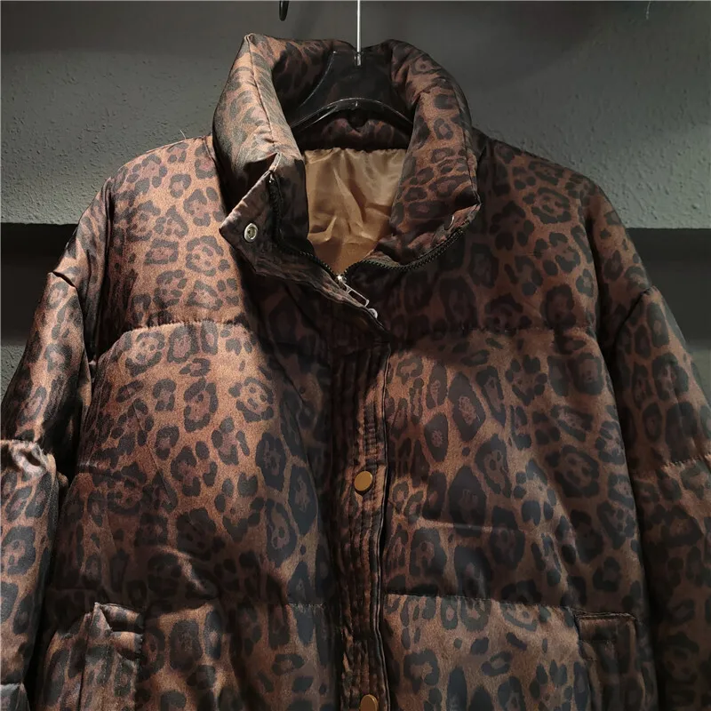 Deat casaco feminino padrão leopardo gola cordão algodão-acolchoado bolsos grossos jaquetas 2024 inverno nova moda 29l8921