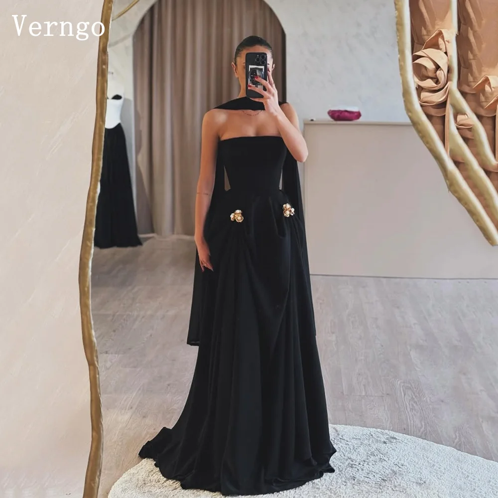 

Verngo Black Crepe Evening Dress Simple A Line Long Party Dresses Women Classy Arabic Formal Eid Prom Gown Customized