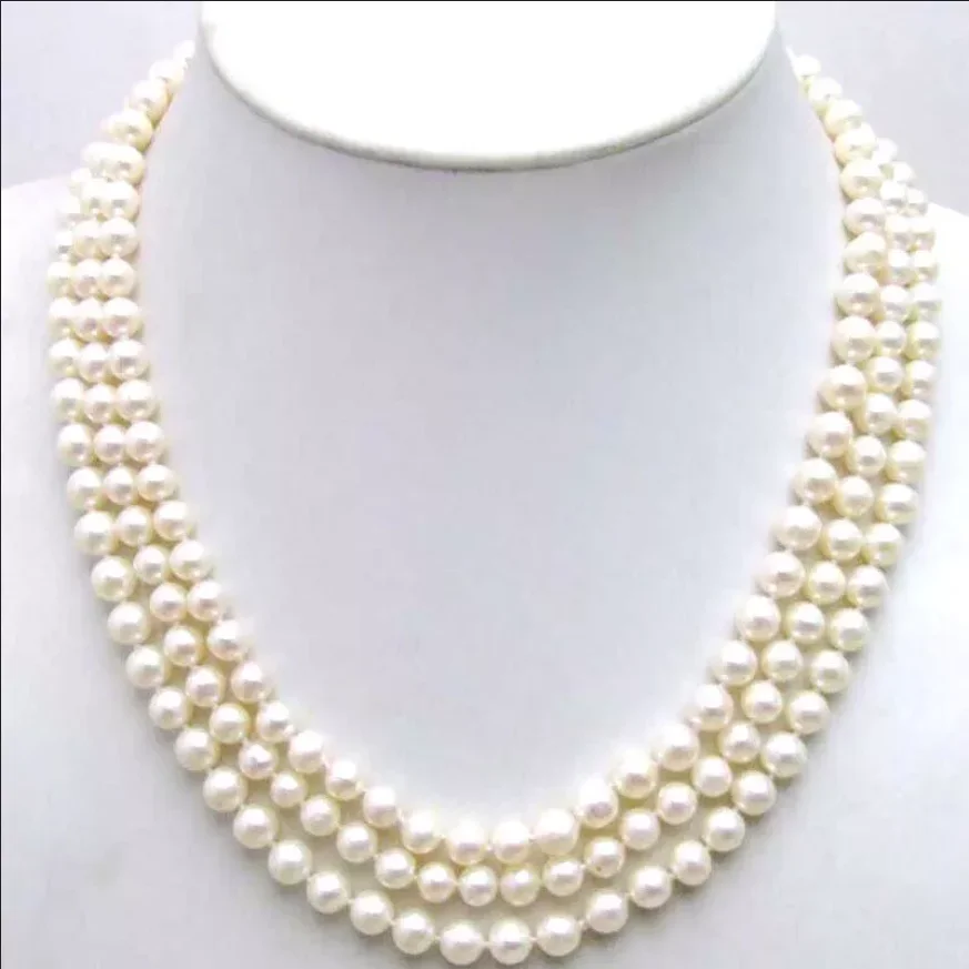 New necklace 3 rows AAA 7-8mm natural round South   Sea white pearl necklace 14k gold 17 * 18 * 19 inch