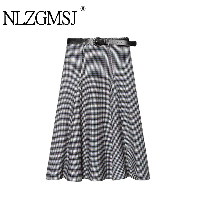 

NLZGMSJ винтажные женские длинные юбки в клетку с принтом, весна 2026, длинная юбка-миди с завышенной талией и поясом на молнии