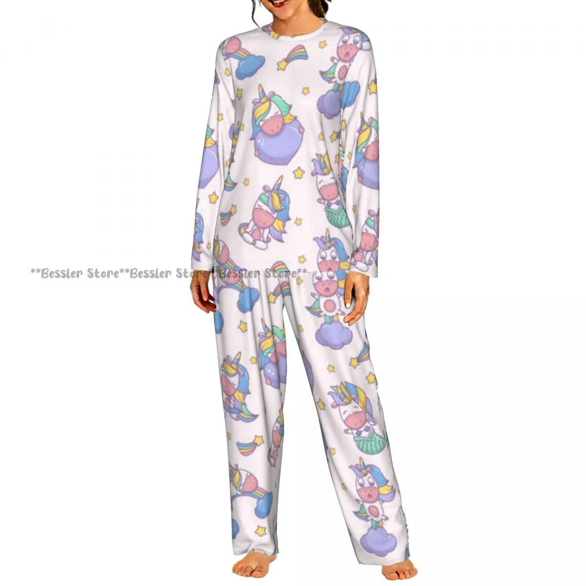 2 Piece Women Round Neck Pajamas Set Long Sleeve Long Pants Fabulous Unicorns Homewear Casual Daily Sleepwear