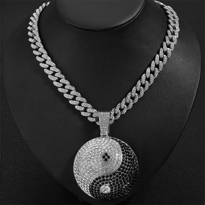

Hip Hop bling Tai Chi Pendant Necklace With Chunky Cuban Chain Iced Out Bling Crystal rapper Jewelry Factory Selling