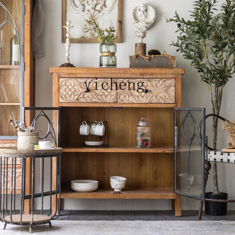 V21 Medieval Home Entrance Cabinet Retro Dining Side Cabinet Living Room Bedroom Homestay Home Carved Wine Cabinet