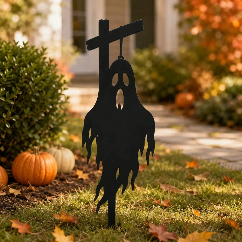Halloween Scarecrow Ground Stake Black Metal, Scary Outdoor Yard Decor Garden Stake, Horror Creepy Decoration