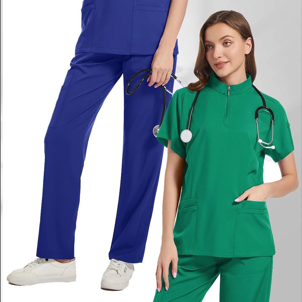 Uniseksowe mundury medyczne z dekoltem w kształcie litery V pielęgniarka zestaw szorstków kobiety lekarz szpital odzież robocza chirurgia jamy ustnej mundurek roboczy z krótkim rękawem