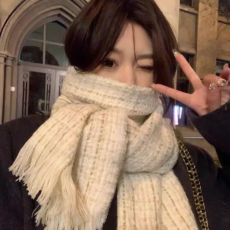 New Winter Thick Warm White Knit Scarf for Women Men Wool Soft Solid Cashmere Neckerchief Preppy Style Couple Students Scarves