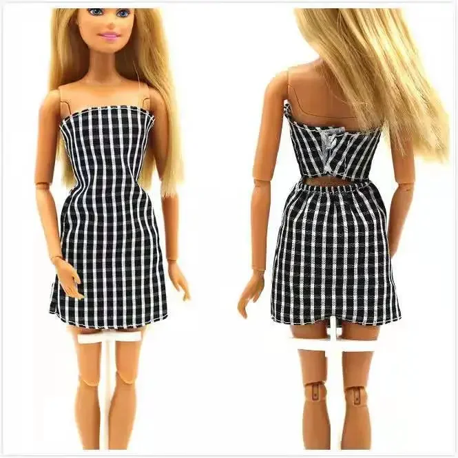 1/6 BJD Clothes Off Shoulder White Black Plaid Dress For Barbie Doll Clothes Outfits Princess Party Gown 11.5