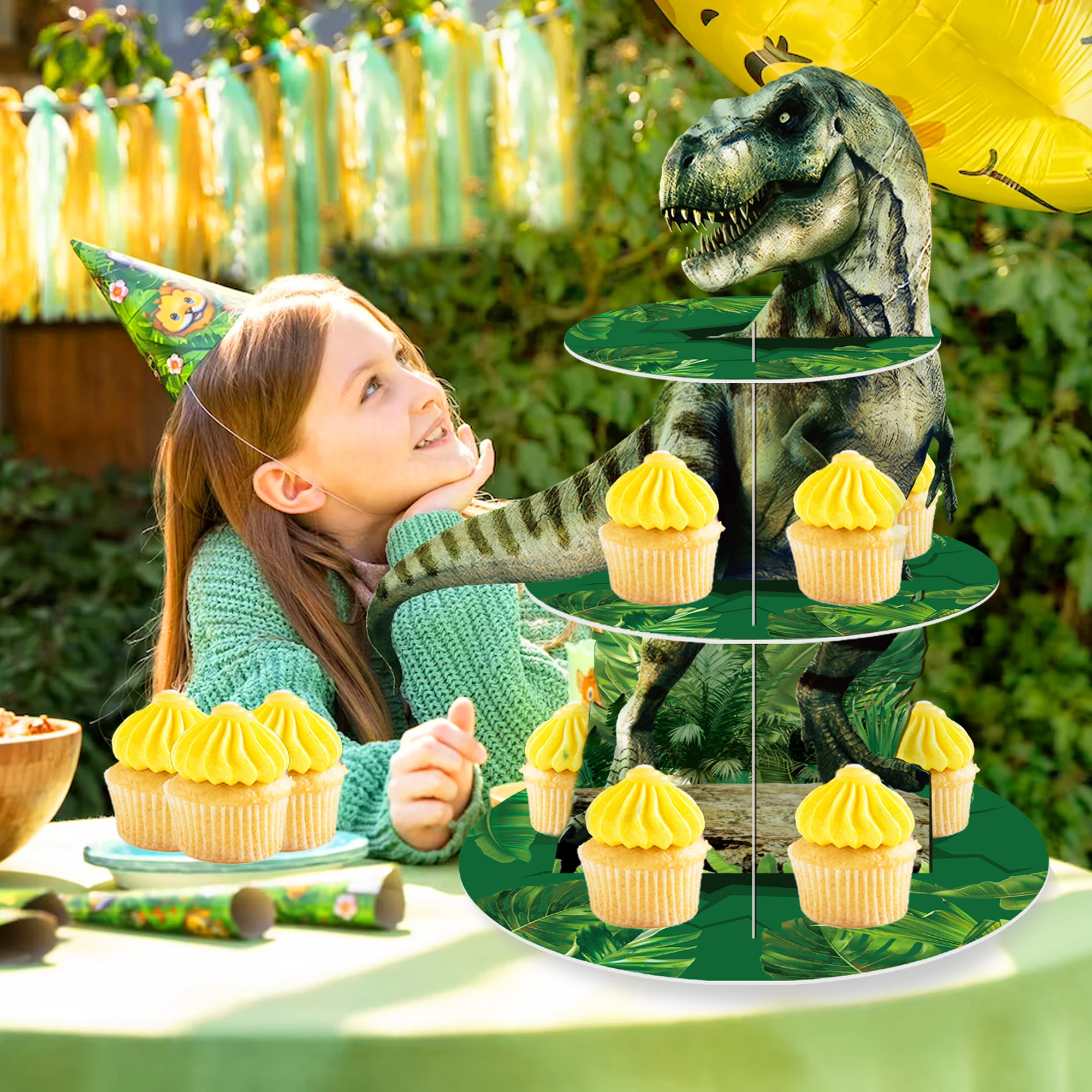 3-layer ديناصور كب كيك حامل ديناصور موضوع برج الحلوى الاطفال الكرتون ديناصور الغابة موضوع حفلة عيد ميلاد ديكور لوازم