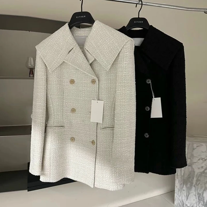 Korean Chic Vintage Tweed Jacket Blazer Coat For Women Small Fragrant Woolen Coats Elegant Fashion Outerwears