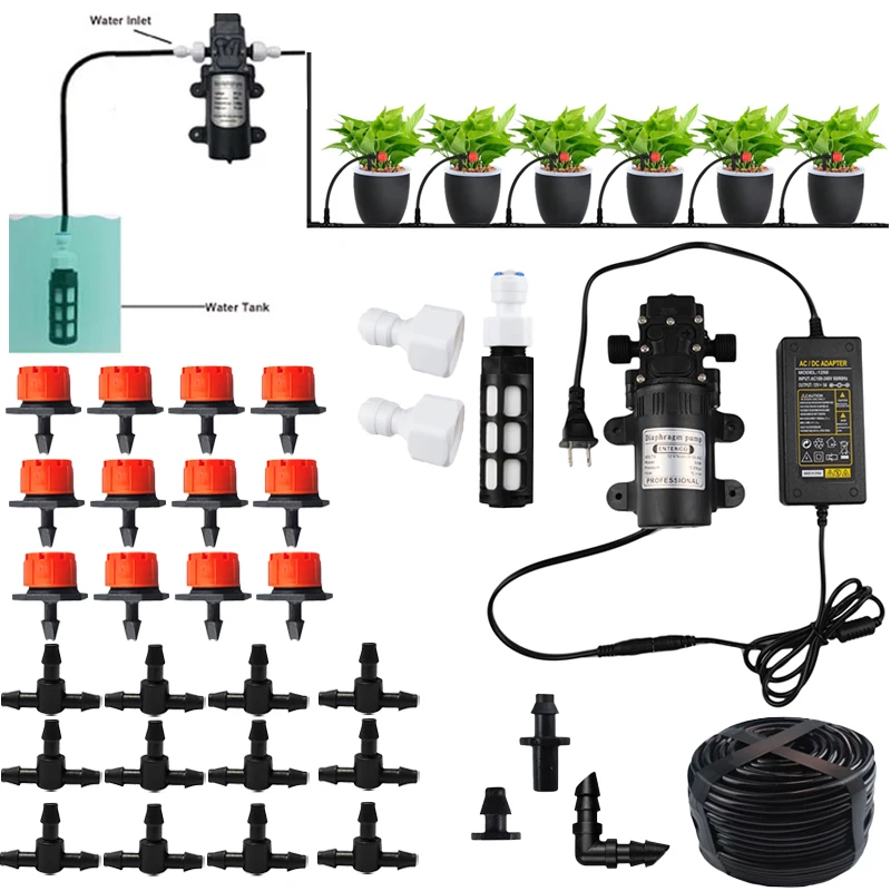 

10-30M DIY Drip Irrigation System With 12V Self-Prinming Pump Automatic Watering Garden Hose Micro Adjustable Drippers